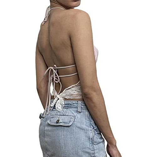 Women Y2k Front Tie Lace Trim Crop Top Sexy Sheer Mesh Sleeveless Open Back Slim Fit Vest Camisole Streetwear3