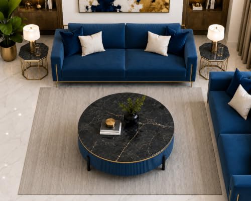 Image of WOODEN SPACE Premium Luxury Nazaara Marble-Top Coffee Table with Iron Legs & PVD Coating | Modern Round Wooden Center Table for Living Room & Entryway (Light Blue, 36 Inch)