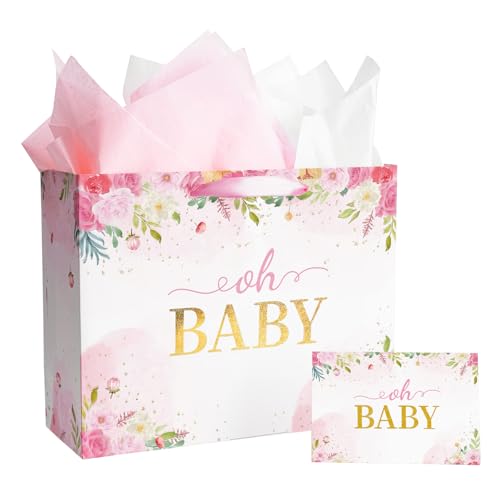 Plauthus Sage Green Gift Bag with Ribbon, 13" Large Gift Bag with Handle, Greeting Card & 2 Tissue Paper（Gold Foil Frame） for Baby, Baby Shower, Weddings, Bridal Showers, Engagements, Any Occasion