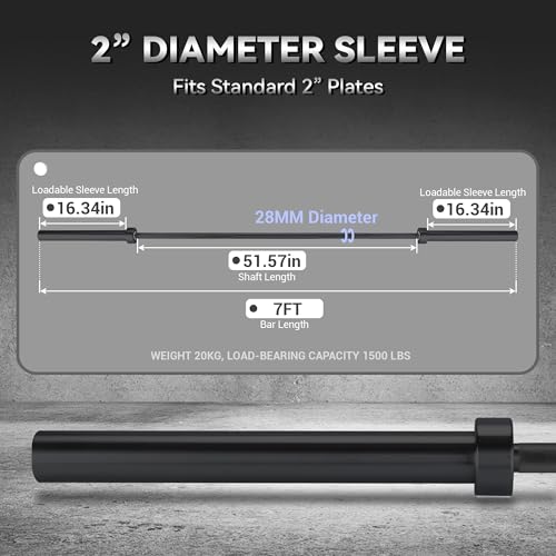 Olympic 7FT Barbell, 1500lbs Capacity, Fit 2" Weights