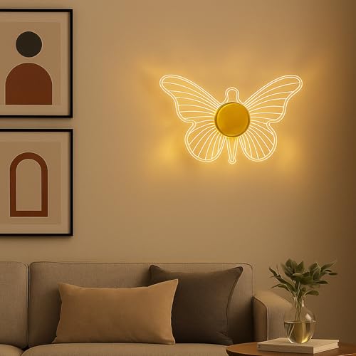 Image of Lampmaster Golden Butterfly LED Wall Light | 3 Color Modes Acrylic Wall Sconce for Bedroom, Living Room, Kids Room, Vanity, Decorative Modern Wall & Ceiling Lamp | Pack of 2