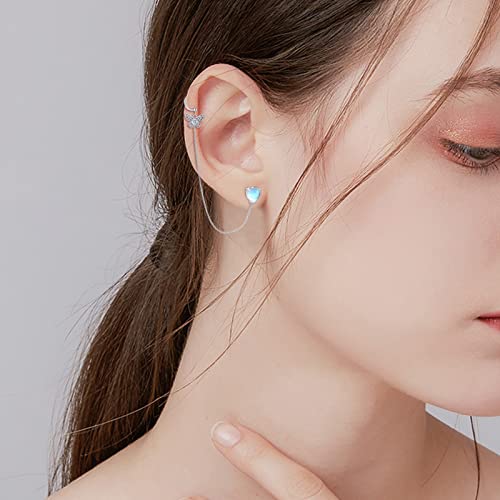 Butterfly Cuff Earrings - Sterling Silver Chain Earrings With Ear Cuff For Women Teen Girls, Butterfly Ear Cuff And Moonstone Heart Stud Earrings, Cartilage Helix To Lobe Chain Earrings Jewelry Gifts #TOP3