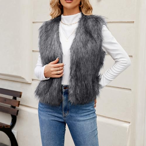 Women Faux Fur Waistcoat Fashion Winter Fuzzy Sleeveless Open Front Outwear Gilet Casual Short Vest Jacket Coat Y2K2