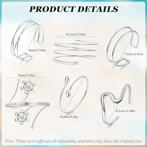 6Pcs Arm Cuff for Women Upper Arm Band Cuff Bracelet Gold Silver Coil Bangle Armlet Adjustable Flower Armband Set3