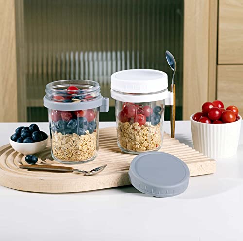 Eidoct Overnight Oats Container 2-Pack, Overnight Oats Jars with Lid and Spoon 10 oz Cereals, Milk, Fruit Salad, with Measurement Mark (2pcs grey)