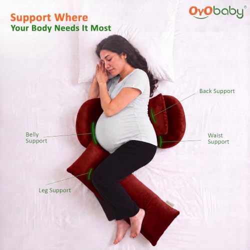 Image of OYO BABY Full Body Support Pillow for Pregnancy | Plush Velvet 4-Piece Maternity Set | Maternity Pillow Bundle | Adjustable Butterfly Design for Back, Belly, Hip and Leg Pain Relief - Maroon