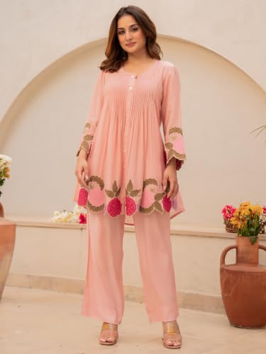 Image of Lilots Women's Chanderi Silk Kurta & Pants Set | Floral Embroidered Co-Ord Set | Ethnic Wear for Festive