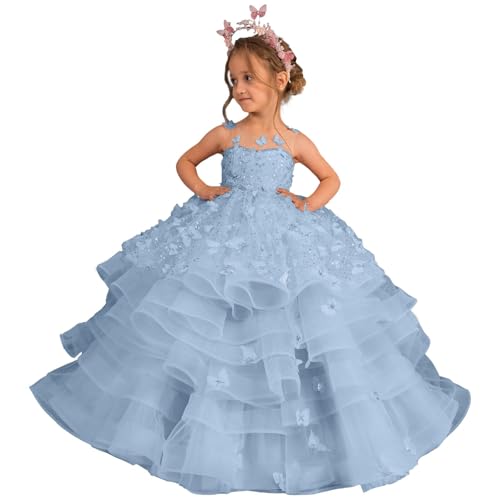 Tulle Flower Girl Dress Ruffles Sparkly Princess Pageant Dress 3D Butterfly Appliques Girls Fancy Ball Gown