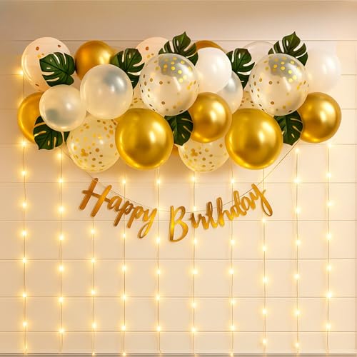 Image of The FOMO Factory Happy Birthday Decoration Kit with Balloons, LED String Lights, Gold Banner, Confetti Balloons & Leaves | Birthday Party Decoration Combo for Home, Wall & Room Decor (GLED)