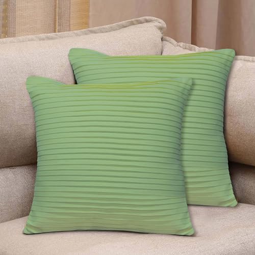 Image of HOME COLORS.IN Cotton Plain Double Side Pleated Cushion Cover - Set of 2-18 x 18 Inch - Norway Green