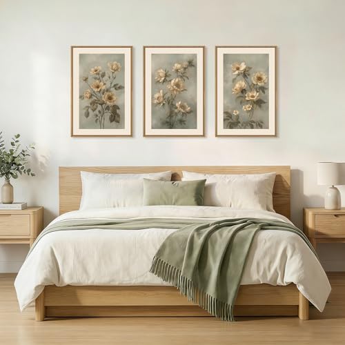 Image of KAIRNE Vintage Botanical Flower Framed Canvas Wall Art Set,Boho Green Beige Floral Wall Decor,Rustic Wildflower Art Prints,Modern Minimalist Artwork for Living Room,Bedroom,Farmhouse,Office-24 x36 x3