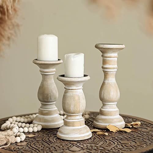 Nikky Home Rustic Candle Holder Set Of 3 - Farmhouse Wood Pillar Candle Stand, Mantle Decor Centerpieces For Fireplace, Living Or Dining Room Table, Whitewash #TOP1