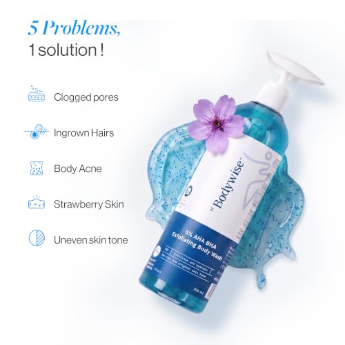 Image of Be Bodywise 5% AHA BHA Exfoliating Detan Body Wash (Flora Fragrance) 700ml | For Body Acne, Strawberry Skin, De-Tan | 3% Lactic Acid, 1% Salicylic Acid, 1% Glycolic Acid | Non-Drying, Paraben Free