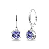 Tanzanite Earrings for Women 6mm Bezel Round Simulated Violet Gemstone Sterling Silver Dainty Leverback Dangle Earring Fashion Bridesmaids Summer Trendy