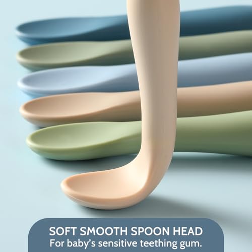Image of 6 Pack Baby Spoons, First Stage Spoons, Shorter Length for Self Feeding, 6+ Months, Baby Training Spoons, Food Grade Silicone, Dishwasher Safe & Boil-proof