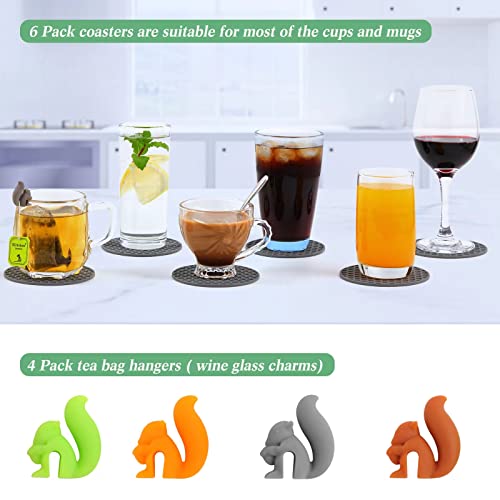 6 Pack Silicone Coasters For Drinks + 4 Pack Wine Glass Charms, Dokpod Drink Coasters For Coffee Table, Non-Slip Cup Coasters, Heat Resistant Bar Coasters, Table Coasters #TOP1