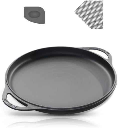 COOKLIFE 12 Inch Smooth Cast Iron Griddle with Pan Scraper and Mesh Dish Scrubber, Round Pre-Seasoned Griddle Pan for Stove Top, Oven Safe Pizza