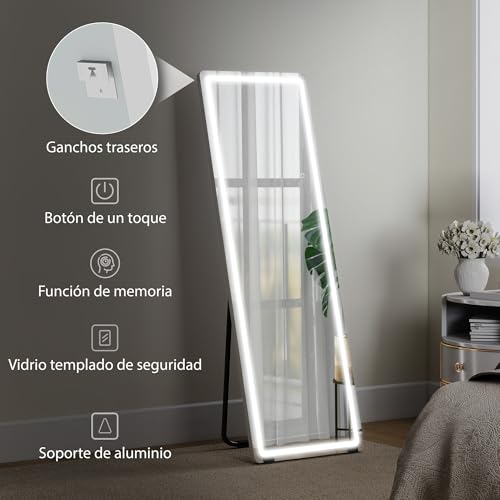 Miniatura 6 de Homcom Espejo De Pie Cuerpo Entero Con Luces, 150x50 Cm, Espejo De Cuerpo Entero Sin Marco, 3 Temperaturas De Color, Brillo Ajustable, Independiente, Apoyado Y De Pared, Para Dormitorio, Transparente