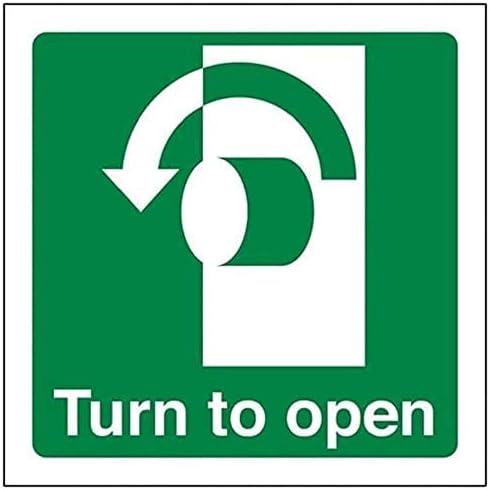 VSafety Turn To Open (Anti-Clockwise) Sign - Square - 100mm x 100mm - Self Adhesive Vinyl