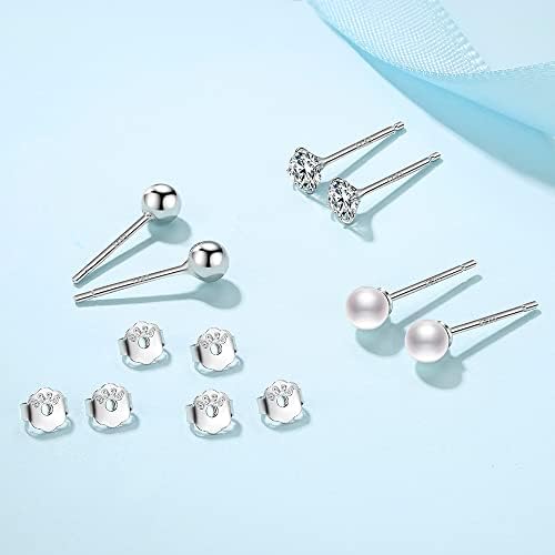 SAKUNALA 925 Sterling Silver Stud Earrings for Women, 4mm*3 Pairs Stud Earrings Set for Women Girls, Small Sleeper Cartilage Silver Studs for Multiple Piercings, Silver/Gold/Rose Gold