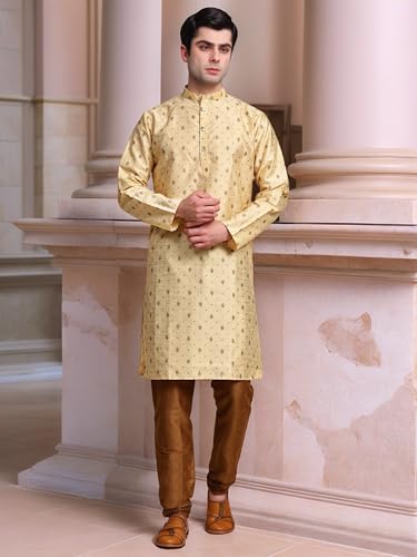 SKAVIJ Men's Art Silk Printed Kurta Pajama Set Ethnic Motifs Block Print Festive Party Dress4