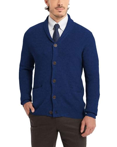 Kallspin Men's Wool Blend Shawl Collar Cardigan Sweater Button Down Knitwear with Pockets(Navy Blue, Medium)