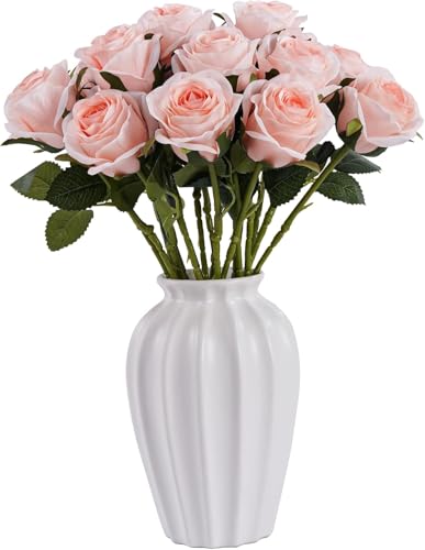 Bringsine 10Pcs Blush Foam Fake Roses with Stems for DIY Wedding Bouquets Bridal Shower Centerpieces Party Decorations-Pink
