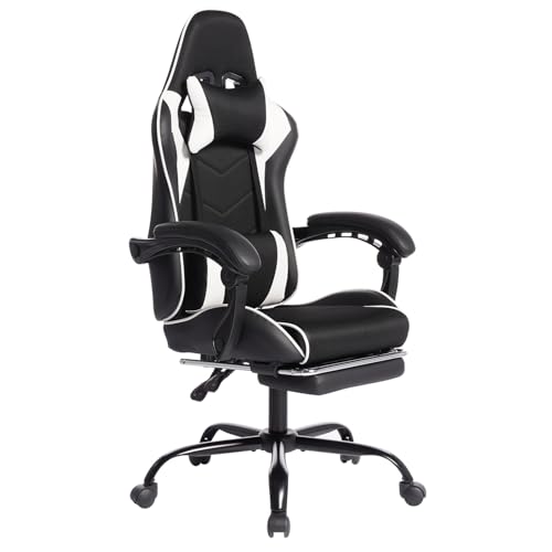 Image of Gaming Chair with Headrest and Lumbar Support, High Back Leather Computer Office Desk Chair with Footrest, 360 Swivel Height Adjustable Recliner Game Chair (Black White)