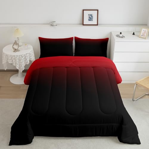 Feelyou Red Black Ombre Comforter Set Queen Size, Ombre Comforter for Boys Girls Red Black Gradient Bedding Set Luxury Modern Duvet Set Decorative Microfiber Bed Set