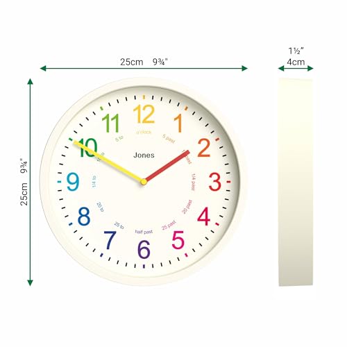 JONES CLOCKS® Kids Wall Clock | Small Modern Children’s Clock | 10 inch | Pale Cream | Colourful Numbers | Learn to Tell The time - Image 3