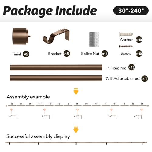 GEEBOBO Bronze Curtain Rods for Windows 120 to 240 Inch, 1 Inch Extra Long Heavy Duty Easy Install Adjustable Curtain Rods Set for Outdoor, Farmhouse, Bedroom, Living Room (Bronze, 30"-240") by GEEBOBO - Image 6