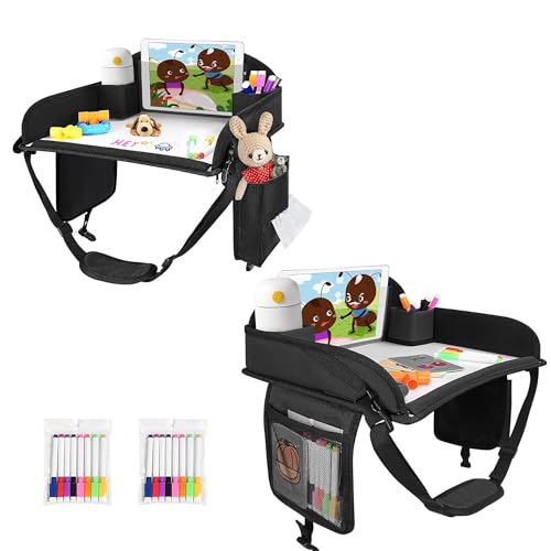 Image of Travel Tray for Car Back Seat, 2-Piece Set Road Trip Essentials for Little Travelers, Portable Travel Tray for Road Trip with Dry Erase Board & Storage Organizer (Black)