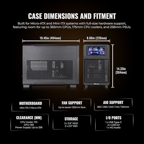 Image of Thermaltake TR200; Preinstalled 6.0 Inch LCD Screen; Micro Chassis; 1x120mm PWM Fan Included; mATX /mITX Support; 360mm Radiator Support; 365mm GPU Clearance; 5.25 inch Bay Support; Black; CA-11L-00S1NN-01