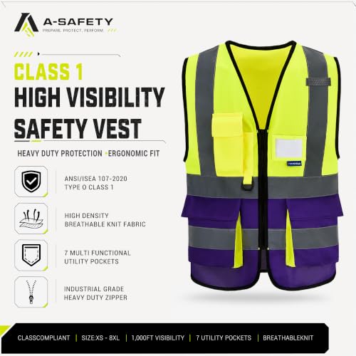 Image of A-SAFETY Hi-Vis Safety Vest with Mic Tabs, Front Zipper, Yellow /Purple, XS