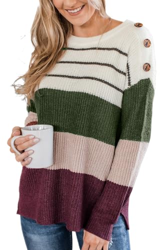 Women's Green Color Block Striped Buttoned Shoulder Split Sweater - Main Image