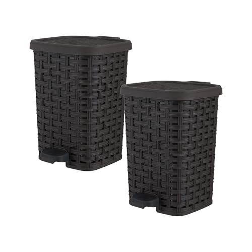 Image of Superio Mini Trash Can with Foot Pedal Small Outdoor Garbage Can with Lid, 1.5 Gallon Plastic Waste Basket for Bathroom, Bedroom, Kitchen, Office, Patio (Wicker Brown 6 QT.), 2 Pack