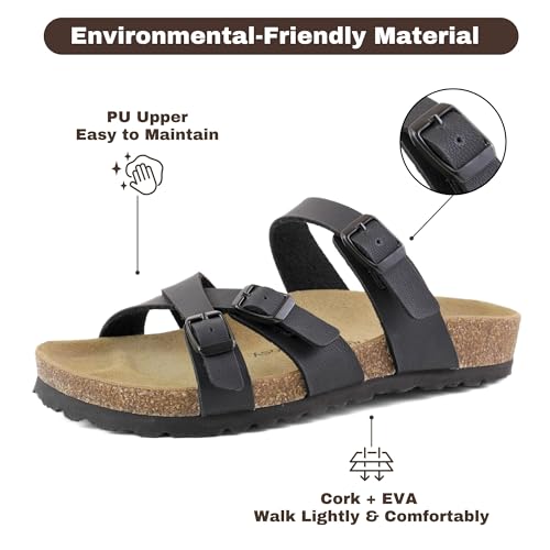 Image of Women Cork Footbed Sandal Unisex, Comfortable Vegan Leather Slip On Summer Beach Sandal with Adjustable Buckle Strap, Casual Open Toe - Wide Fit