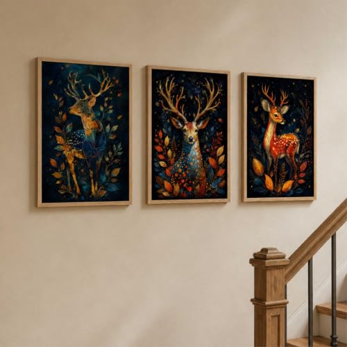 Image of Livin'luxe Set of 3 Deer Forest Wall Paintings for Living Room Bedroom Hallway Home Decor with Premium Wooden Color Synthetic Frame (13.5 x 19.5 Inch) NM03-76