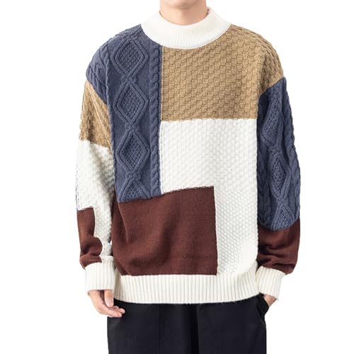 Patchwork Sweater Soft Cable Knitted Crew Neck Unisex Sweater Mens Vintage Aesthetic Sweaters Oversized Pullovers