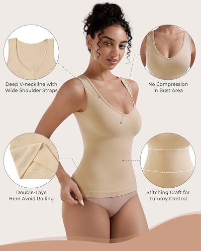 Image of EUYZOU Womens Tummy Control Shapewear Tank Tops Seamless V-Neck Compression Tank Tops Body Shaper Camisole