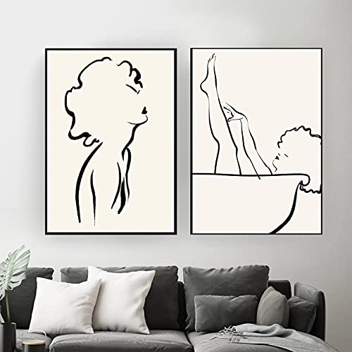 Dessin imprimer baignoire et femme line art print pour déco murale chambre