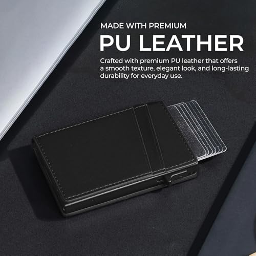 Image of VOGARD Pop-Up Card Holder for Men, RFID Blocking Slim Aluminium Case with Premium PU Leather, Automatic Card Ejector, Front Pocket Design (Black)