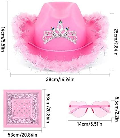 ZOOMPIL Schitterende witte cowboyhoed, cowgirl hoed, glitter, cowboyhoed met knipperende rand, 3 stuks met hartbril en bandana, cosplay, party, Halloween, carnaval, kostuumaccessoires