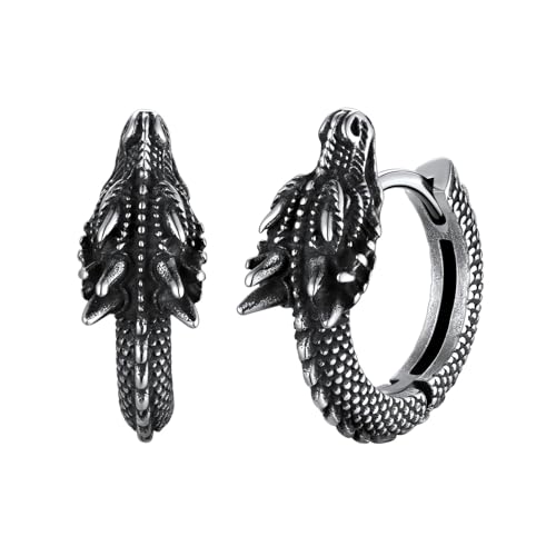 U7 Dragon Earrings Silver Mens Hoop Earrings, Stainless Steel Punk