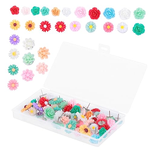 Holibanna 50Piezas Chinchetas Decorativas De Flores De Resina Mezclados para Paredes De Madera para Manualidades y Decoración del Hogar