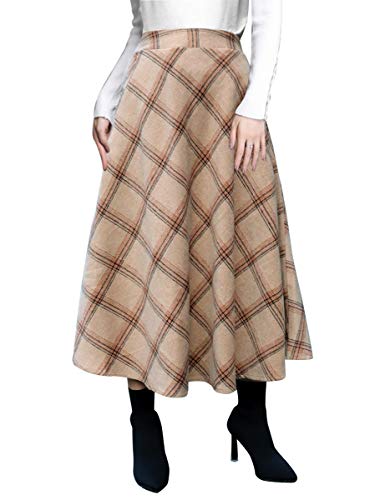 IDEALSANXUN Long Plaid Wool Skirts for Womens High Waist Aline Pleated Long Winter Skirts (Large, Khaki)