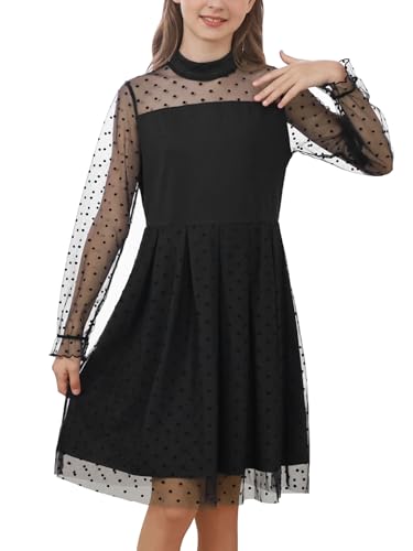 GORLYA Girls Polka Dot Mesh Long Sleeve Contrast Mock Turtleneck A-line Formal Party Tulle Dress 6-16Y
