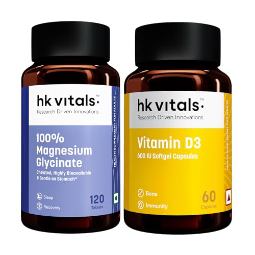 Image of hk vitals 100% Magnesium Glycinate (1880mg) 120 Tablets | For Better Sleep Quality & Muscle Recovery with Vitamin D3 (600 IU) (60 Capsules)