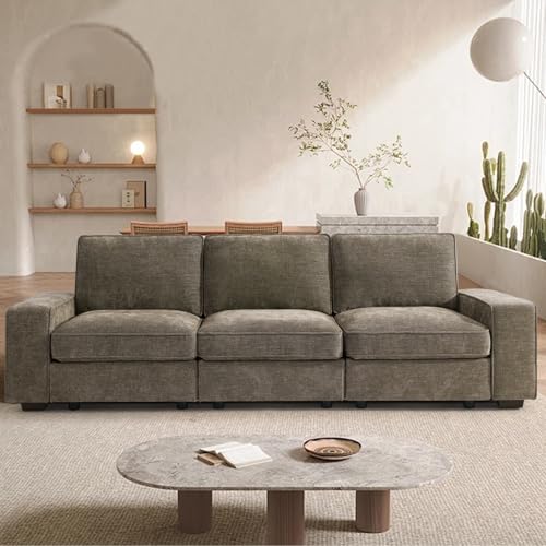 Image of TEKAMON 100 inch Modular Sofa with Seats Storage, Comfy 3-Seater Chenille Fabric Couch for Living Room, Office, Apart W /Deep Seat, USB Charging, Upholstered Couch with Removable Cover(Brown)