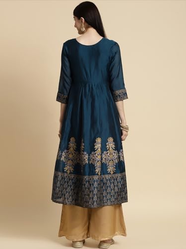 Image of rangita Women's Chanderi Relaxed Fit Anarkali Calf Length Embroidered Kurti | Kurta